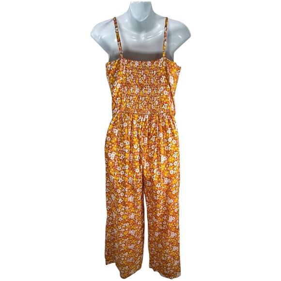 Larsyn & Lily Floral Burnt Orange Jumpsuit Smock Back Deep V-Neck Size Large - Picture 2 of 15